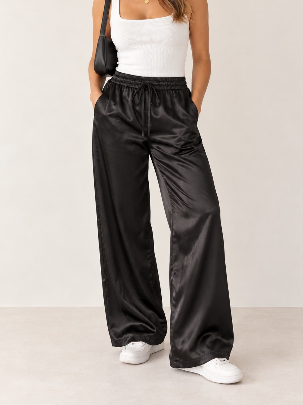 Calvin Klein Black Satin Wide-Leg Drawstring Pants Y2K Gen Z Fashion